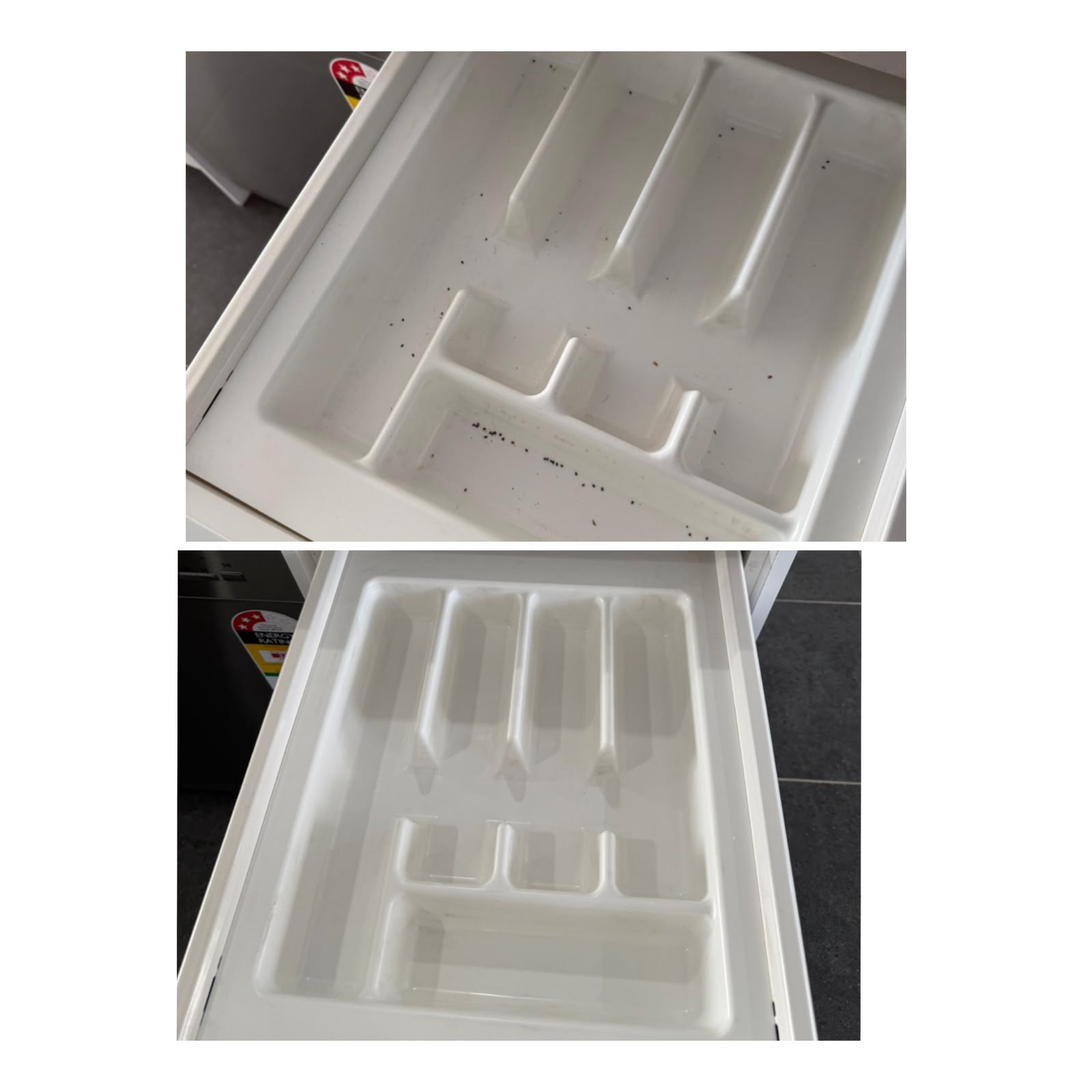 Cutlery drawer with crumbs before cleaning and spotless after