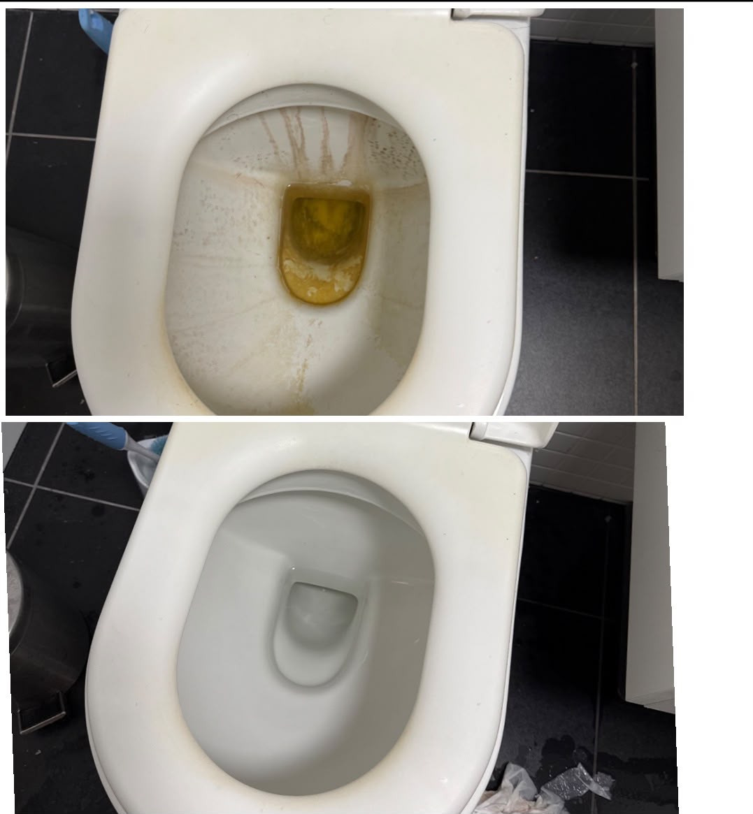Toilet bowl heavily stained before cleaning and scrubbed back to white after